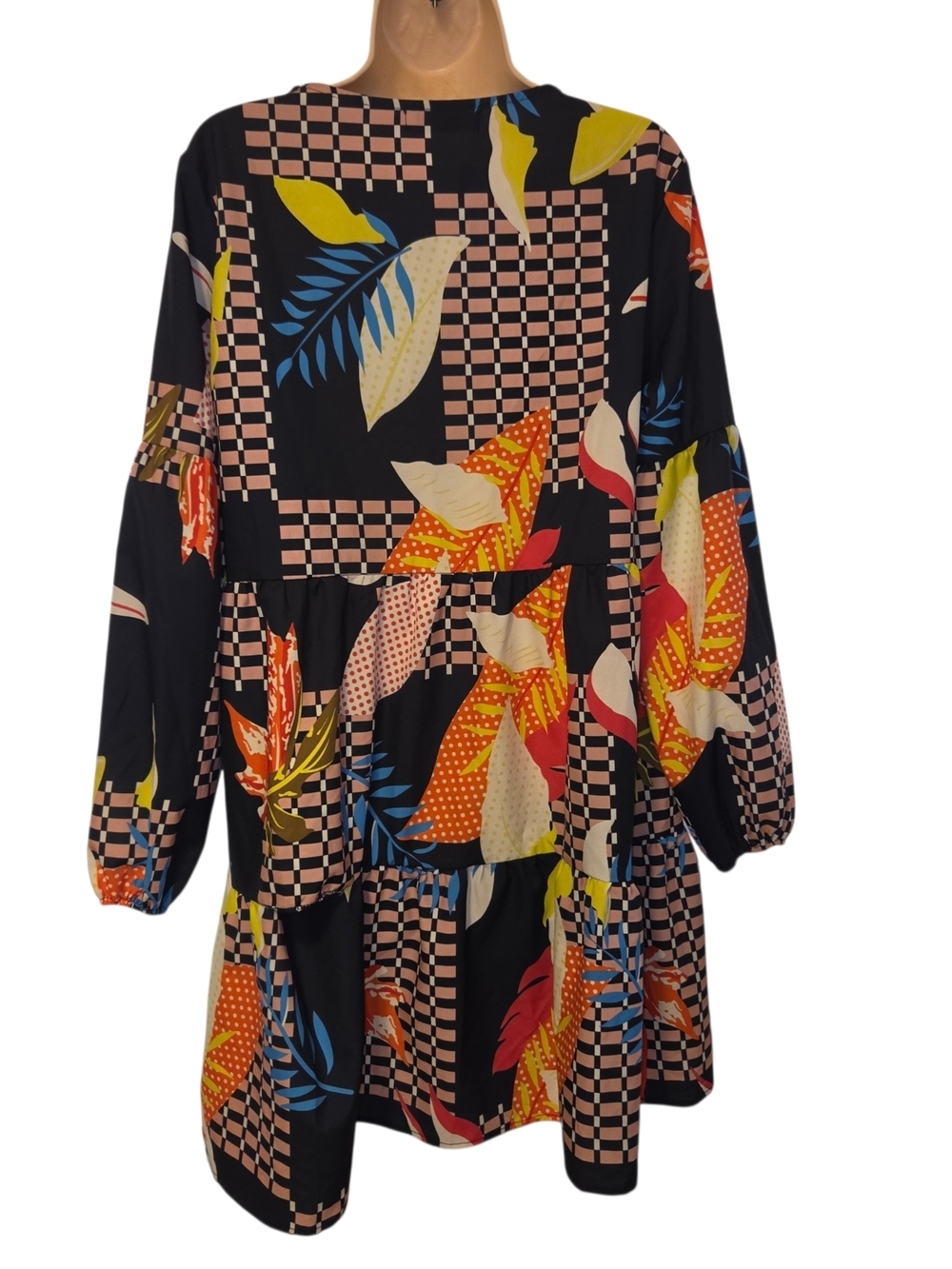 V-Neck Black Multi-Color Printed Tiered Dress - Picture 3 of 10